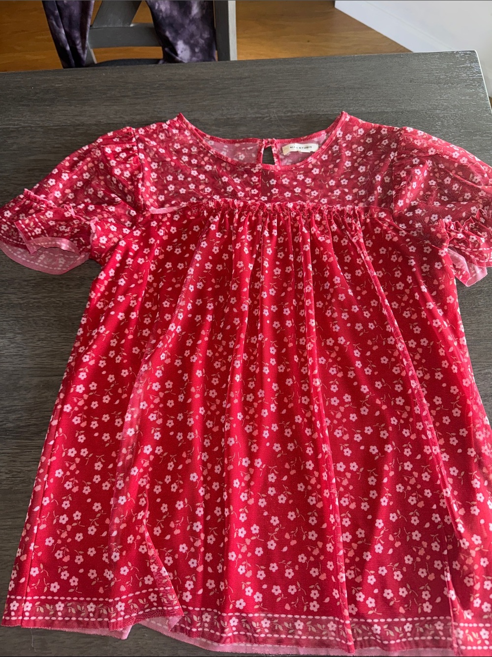 Max Studio Red Floral Mesh Puff-Sleeve Blouse
